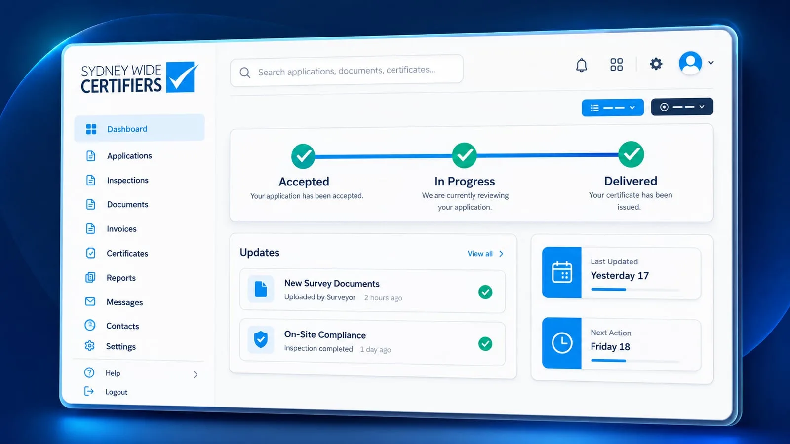 Sydney Wide Certifiers client portal dashboard showing job status from accepted to certificate issued, updates, and upcoming actions