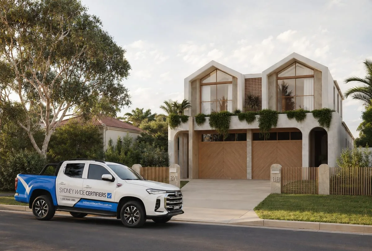 Sydney Wide Certifiers ute parked in front of a newly completed duplex
